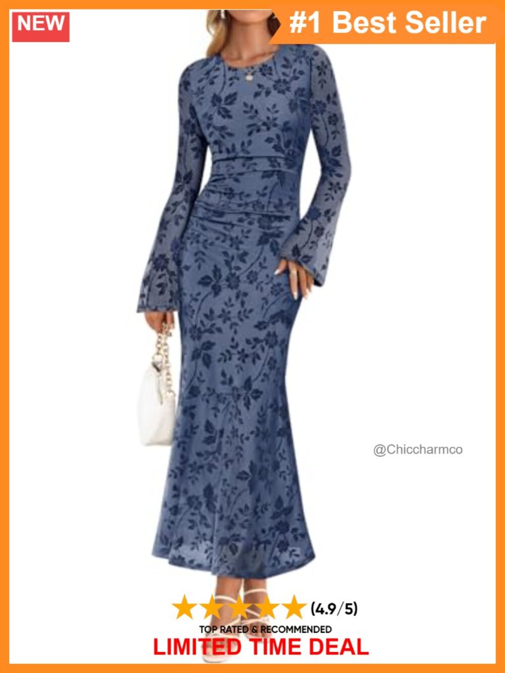 Long Sleeve Floral Mesh Maxi Dress Ruched Bodycon Formal